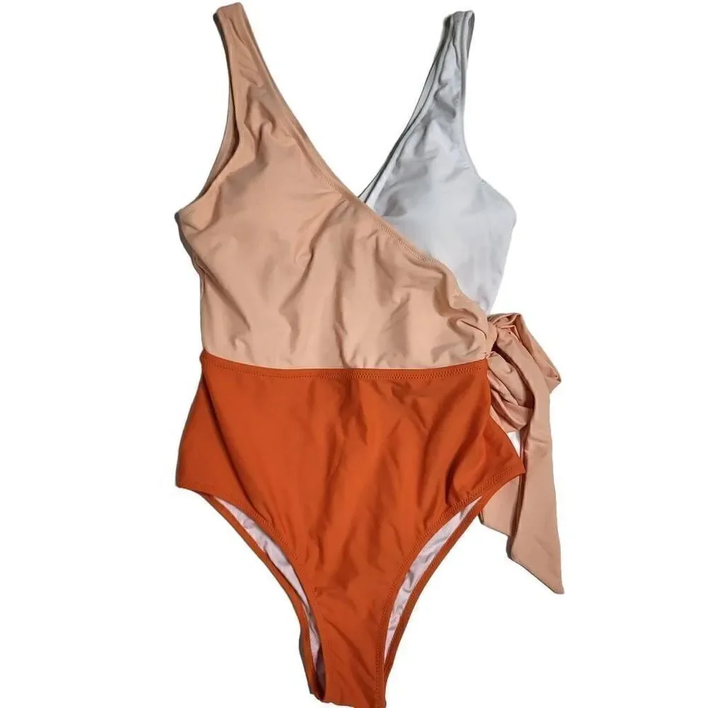 CUPSHE Orange Color Block One Piece Swimsuit Plunging Knotted Monokini Size M